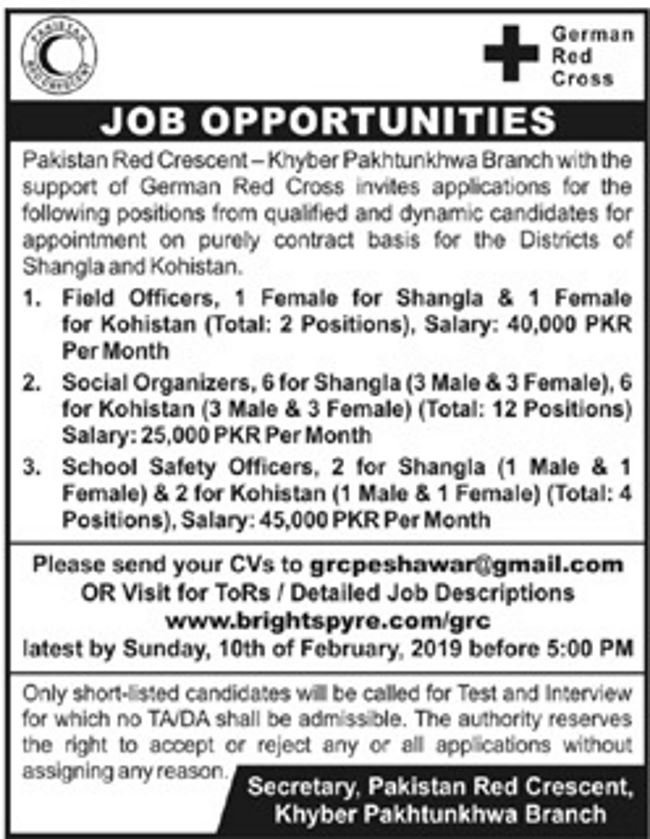 Pakistan Red Crescent Jobs 2019 for 18+ Field Officers, Social Organizers and School Safety Officers