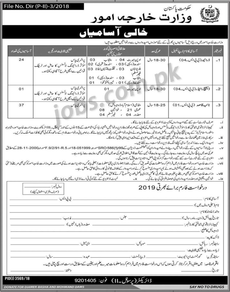 Ministry of Foreign Affairs Pakistan Jobs 2019 for 62+ Drivers, Dispatch Riders and Naib Qasid