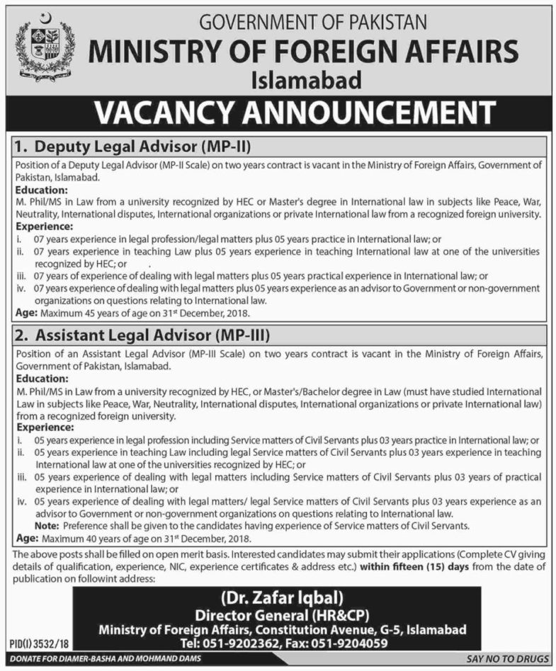 Ministry of Foreign Affairs Pakistan Jobs 2019 for Assistant & Deputy Legal Advisors