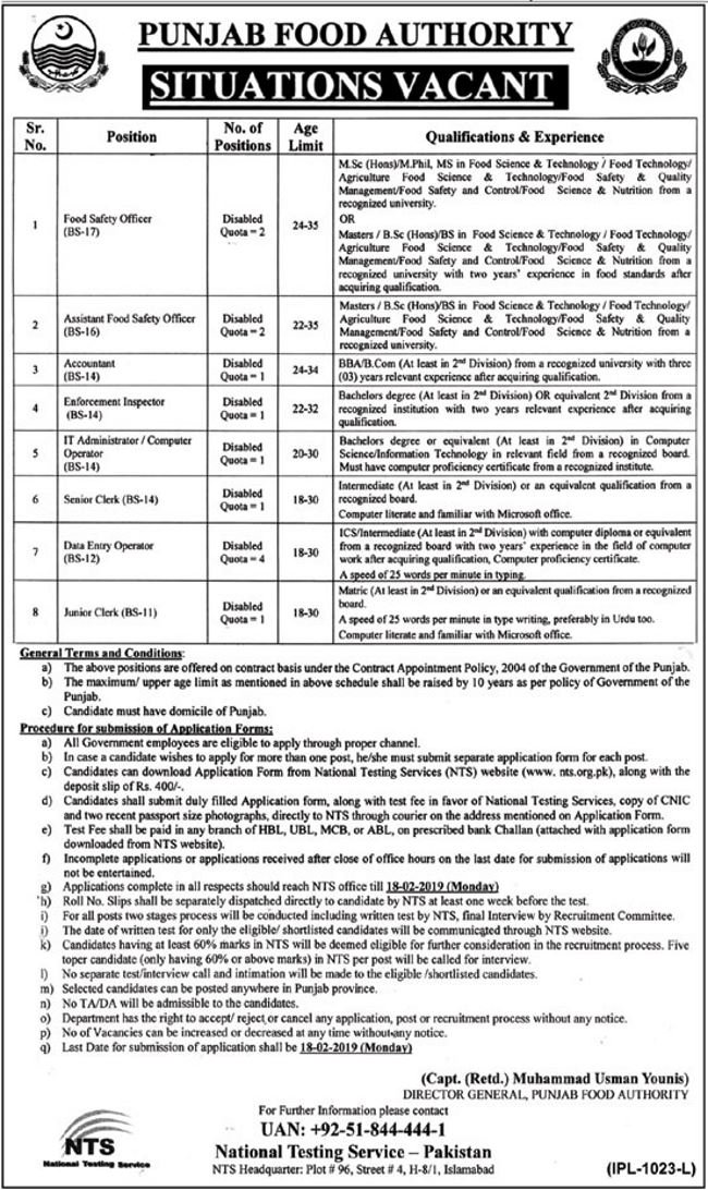 Punjab Food Authority (PFA) Jobs 2019 for 13+ Posts (Multiple Categories) (Disable Quota) (Download NTS Form)