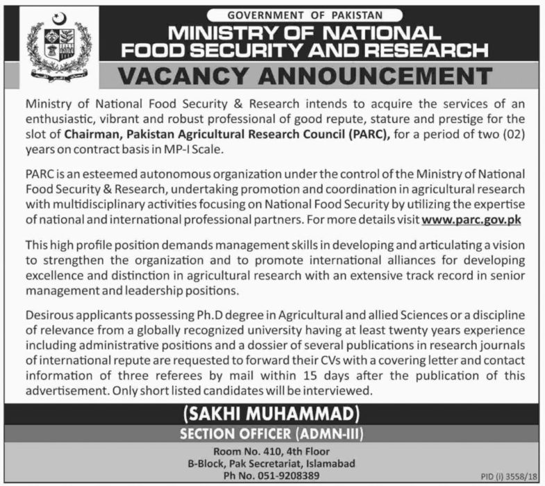 Ministry of National Food Security & Research Jobs 2019 for the post of Chairman