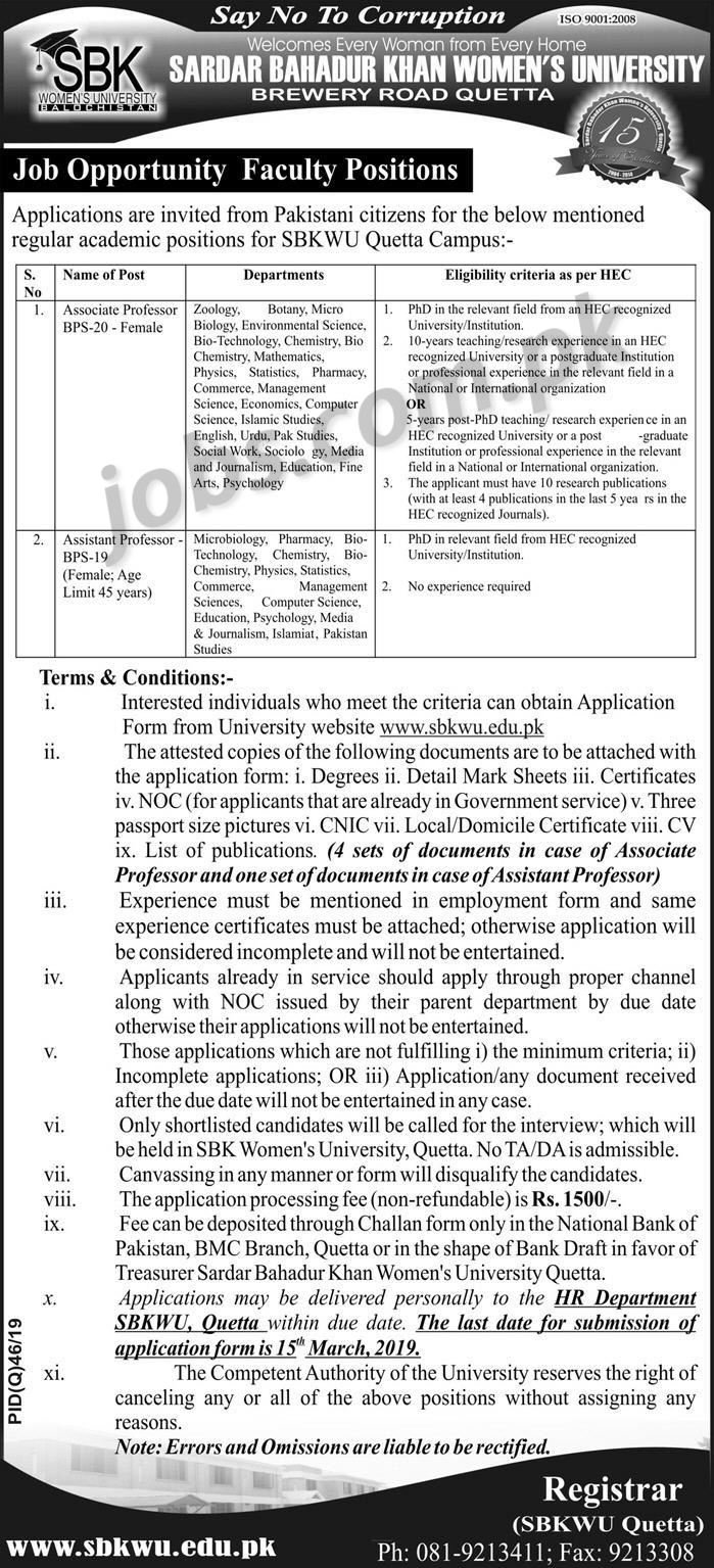 SBK Women’s University Balochistan Jobs 2019 for Teaching Faculty