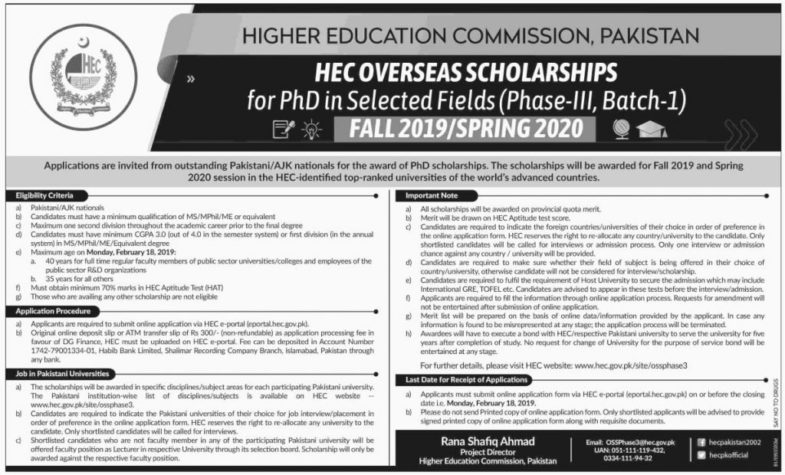 HEC Overseas Scholarships for PhD 2019/20