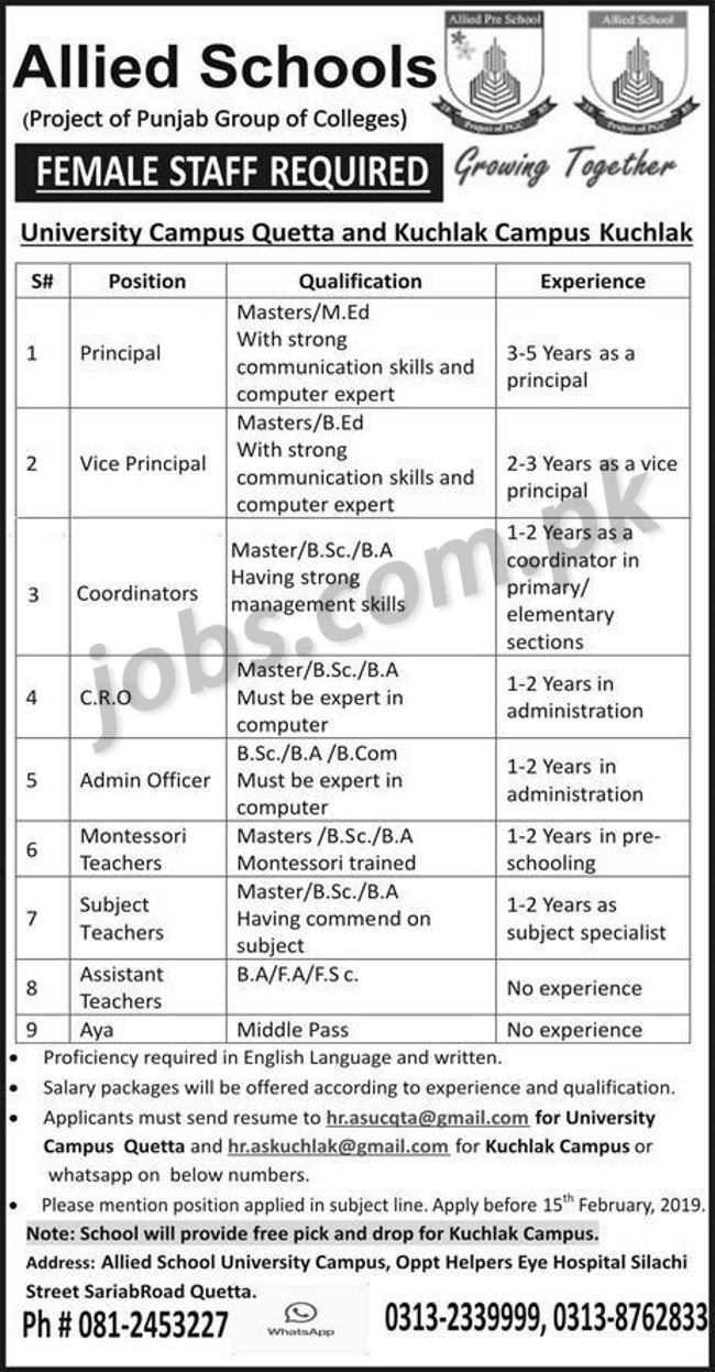 Allied Schools Jobs 2019 for Various Teaching & Non-Teaching Staff