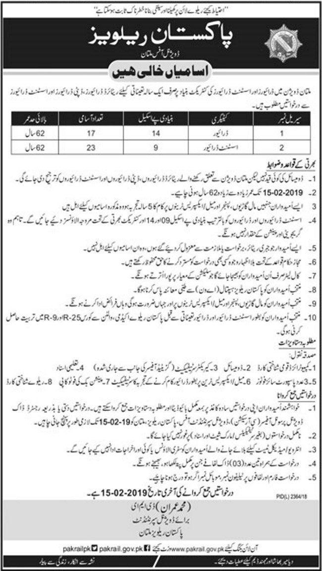 Pakistan Railways Jobs 2019 for 40+ Drivers & Assistant Drivers