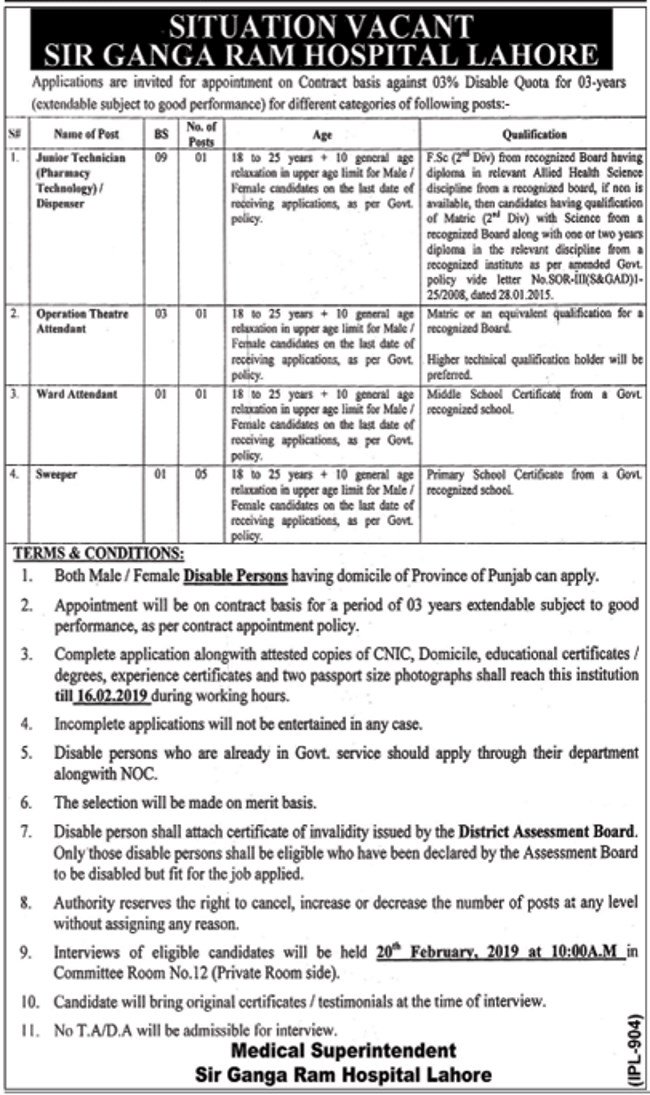 Sir Ganga Ram Hospital Lahore Jobs 2019 for 8+ Jr Technician and Support Staff