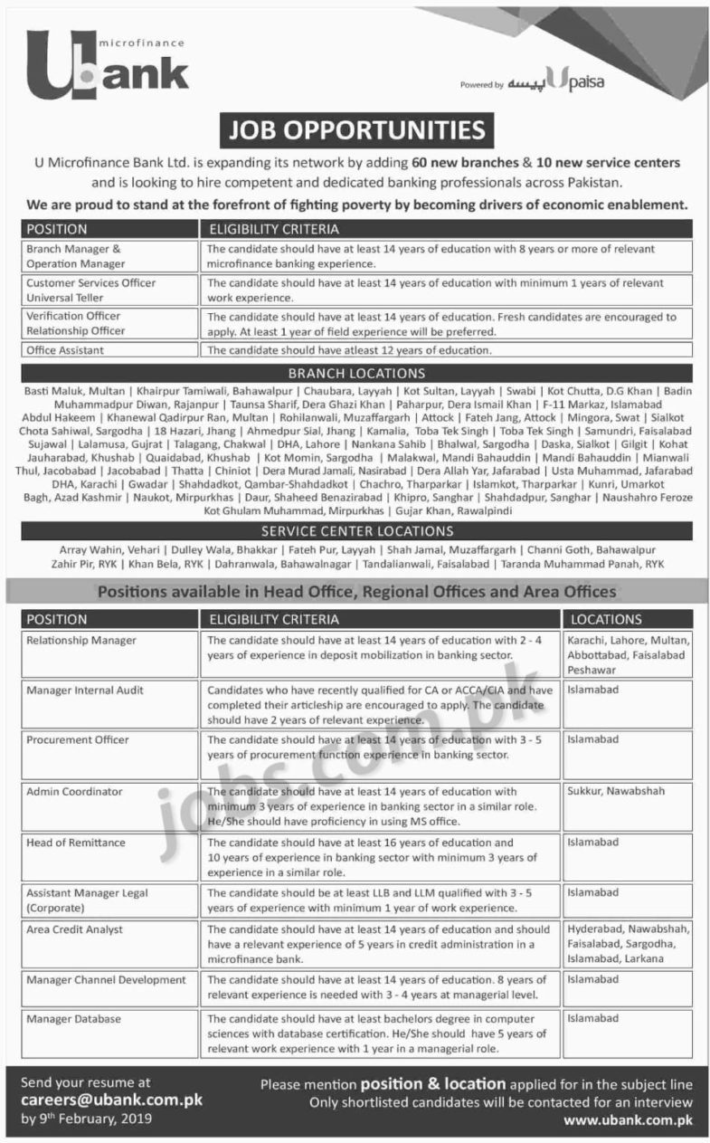 U Bank Jobs 2019 for 1000+ Staff Posts (All Pakistan)