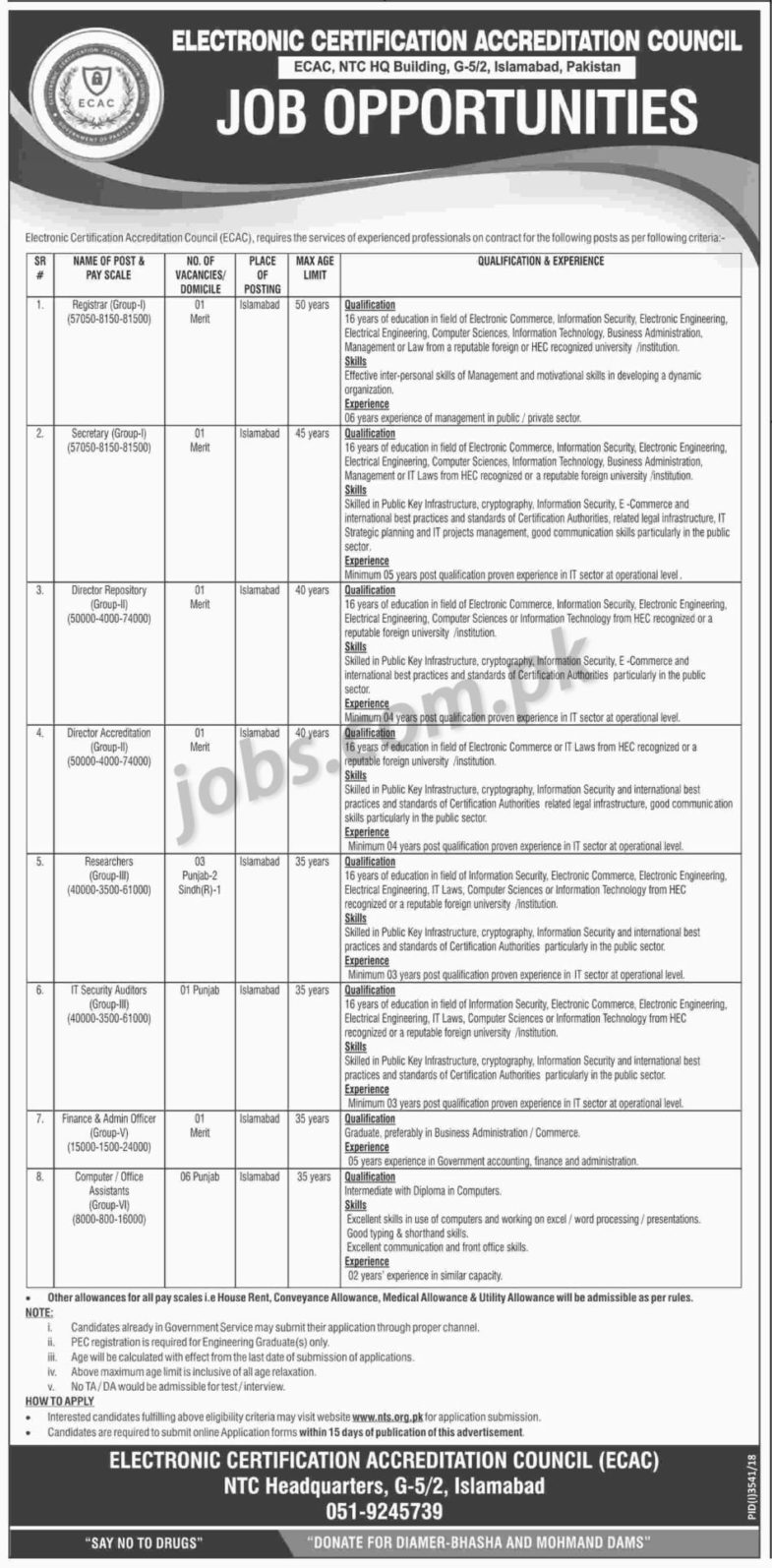 ECAC Council Pakistan Jobs 2019 for 15+ Computer Operators, Admin, Finance, IT, Researchers & Management (Download NTS Form)