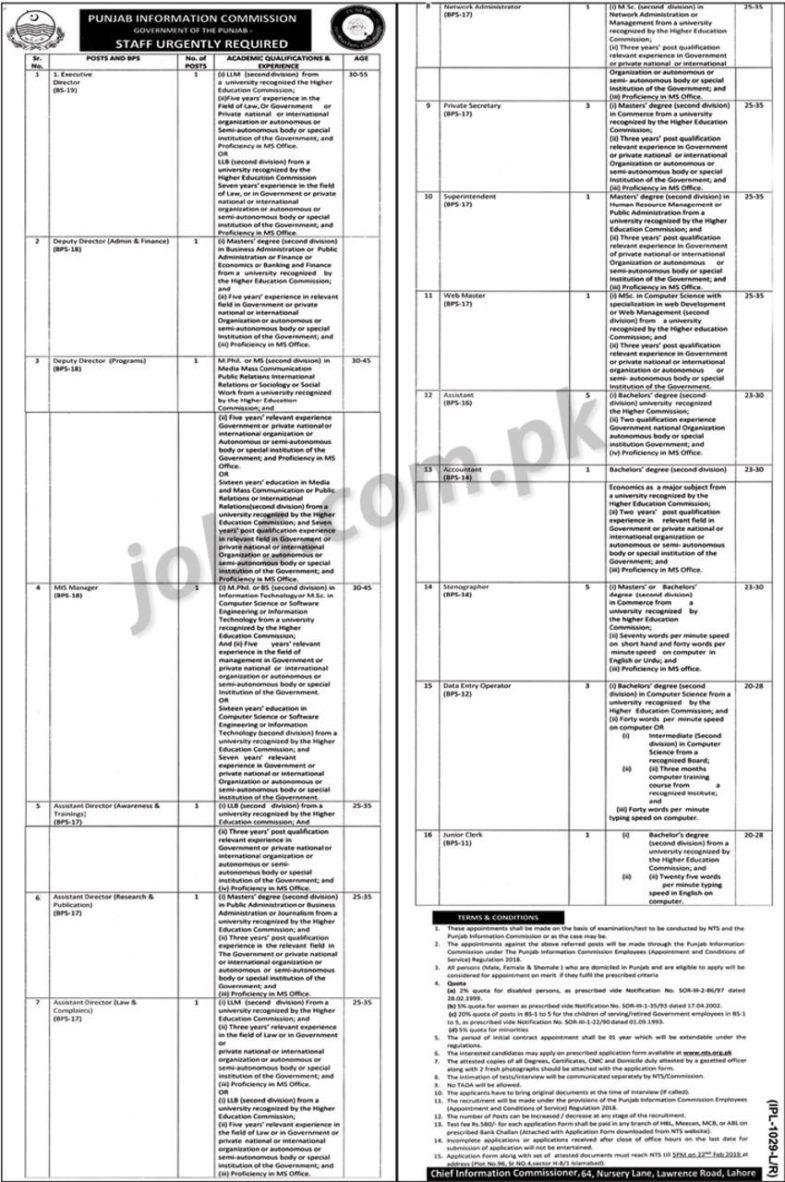 Punjab Information Commission Jobs 2019 for 28+ IT, Admin, Accounts, DEO, Management & Other Posts (Download NTS Form)