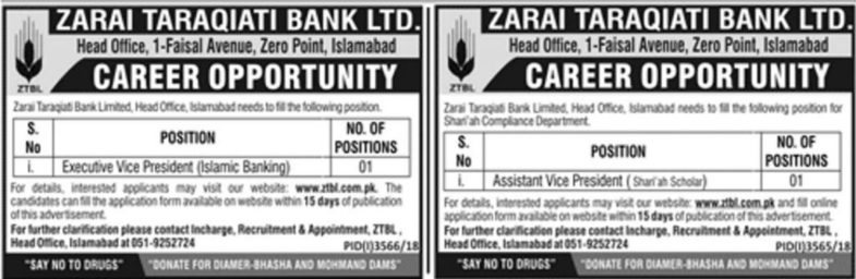 ZTBL Bank Jobs 2019 for Assistant & Executive Vice Presidents