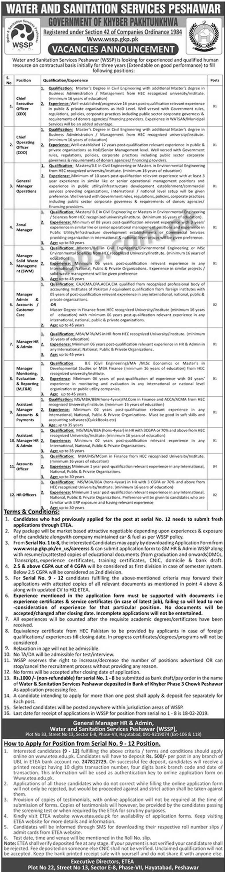 Water & Sanitation Services Peshawar (WSSP) Jobs 2019 for 17+ HR, Admin, Accounts, Management & Other Posts