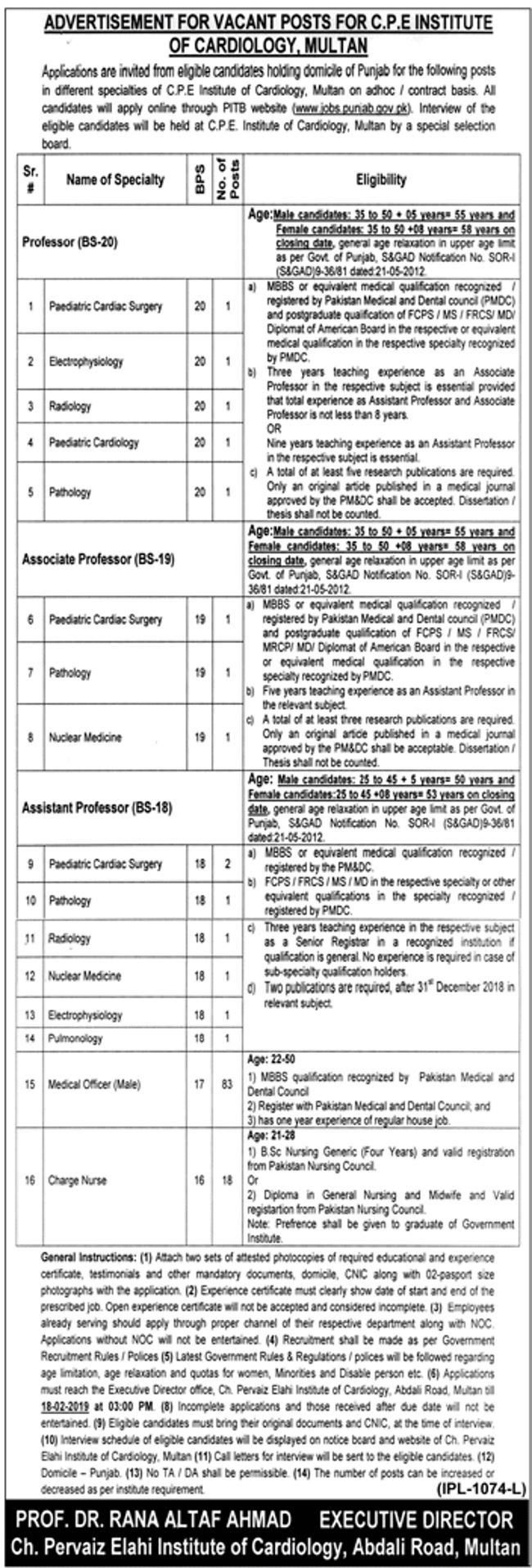 CPE Institute of Cardiology Multan Jobs 2019 for Medical & Teaching Faculty