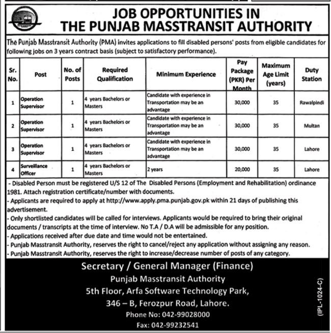 Punjab Masstransit Authority Jobs 2019 for Operation Supervisors, Surveillance Officers (Multiple Cities)