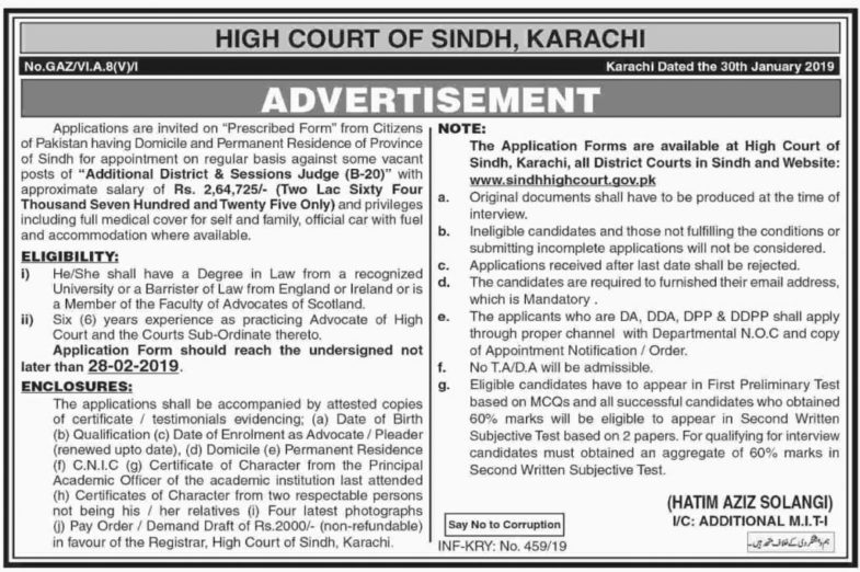 Sindh High Court Jobs 2019 for Additional District & Session Judge