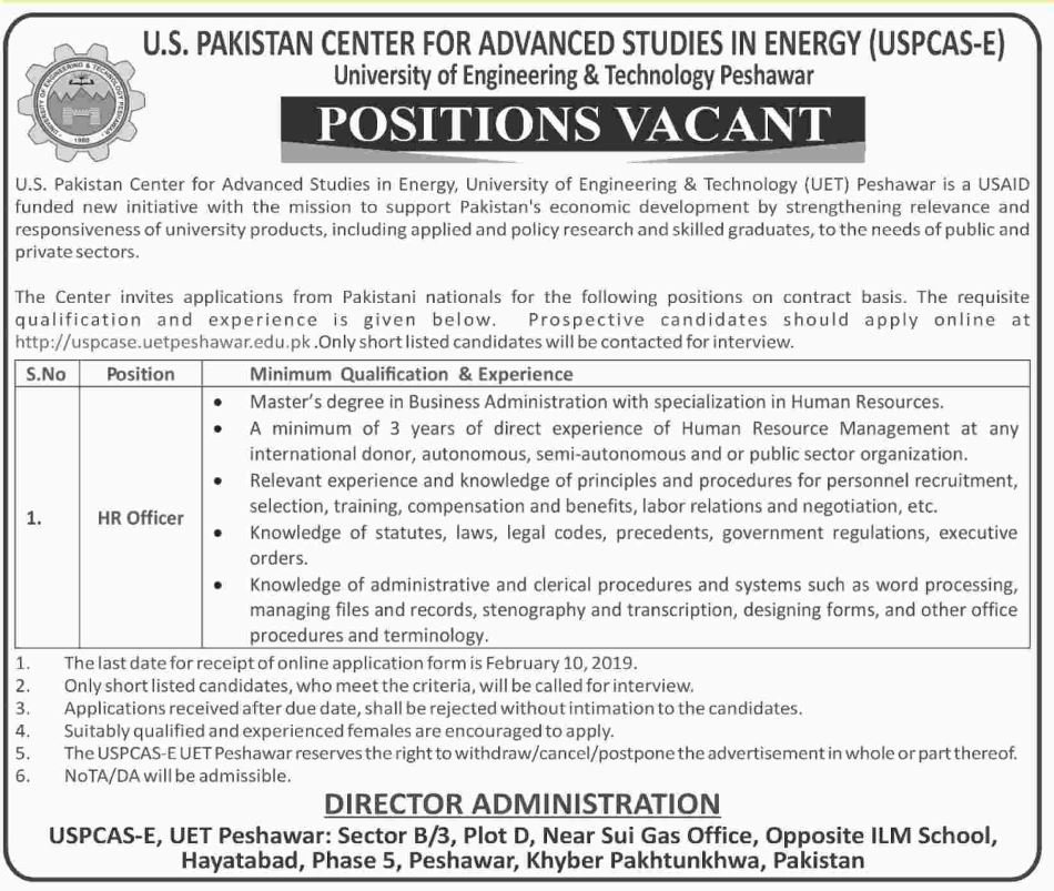 UET Peshawar Jobs 2019 for HR Officer