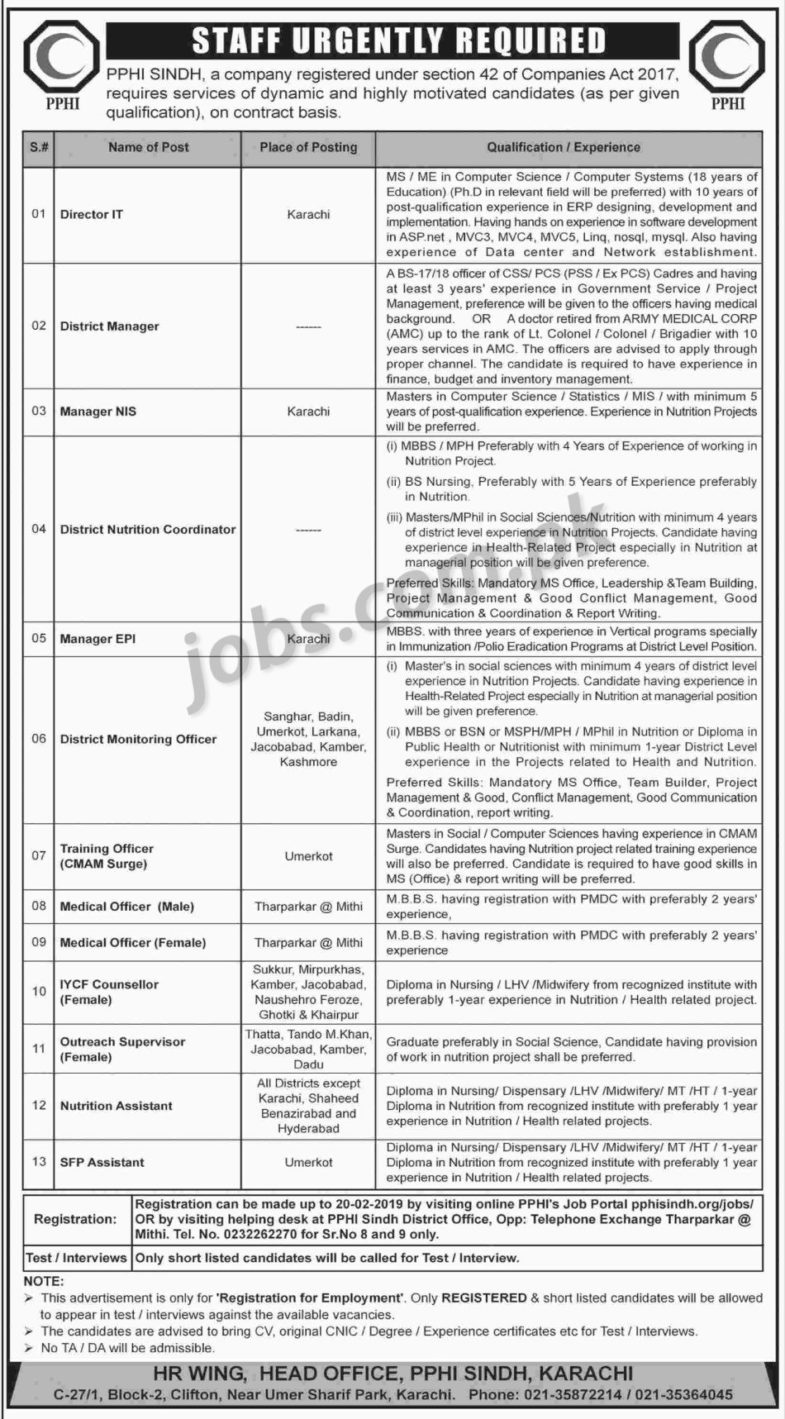 PPHI Sindh Jobs 2019 for 100+ Medical, IT, Counselors, Training Officers, Supervisors, Nutrition Assistants & Other Posts (Multiple Cities)