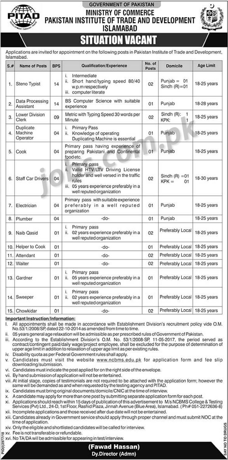 Ministry of Commerce Pakistan Jobs 2019 for 22+ Stenotypists, LDC Clerks, Data Processing Assistants and Support Staff