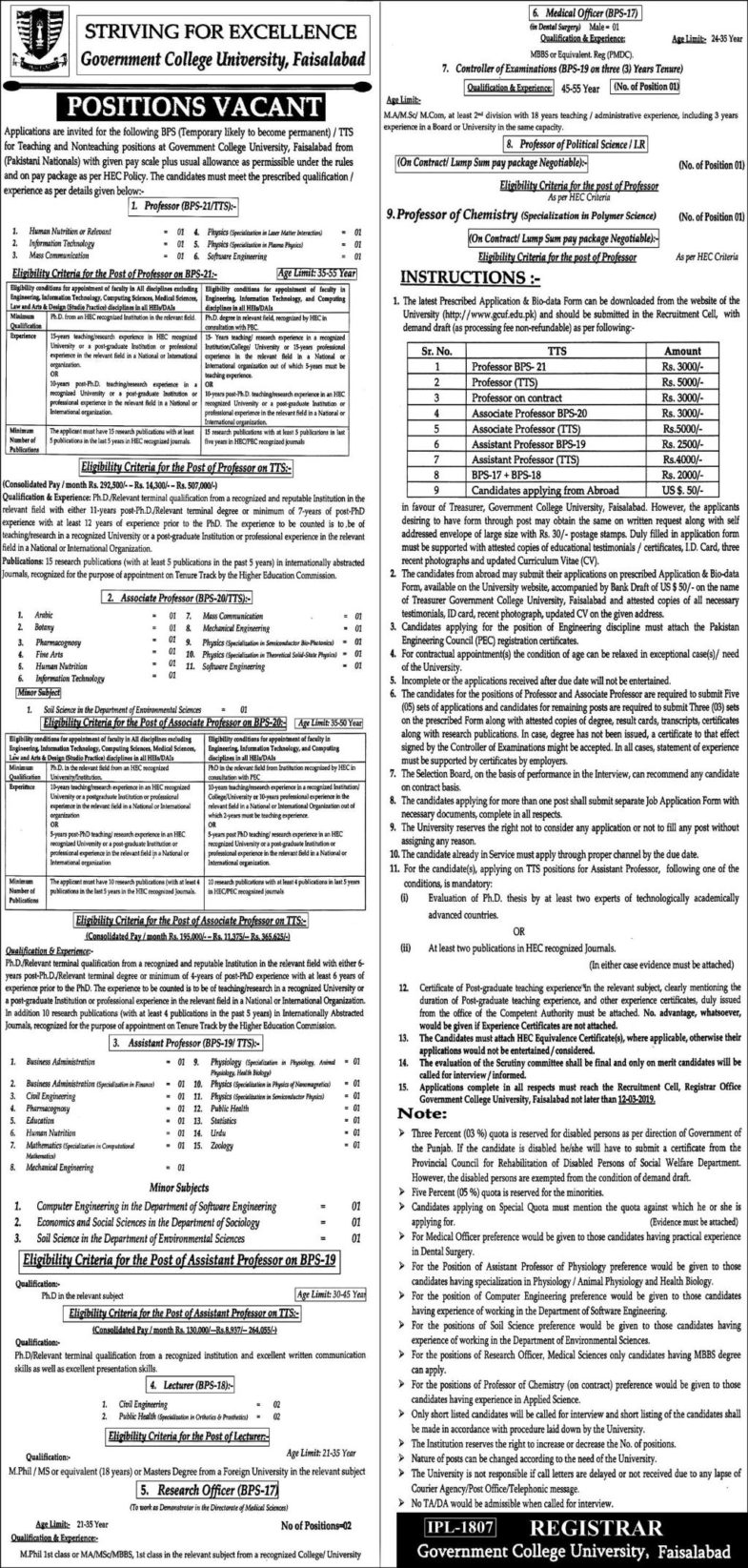 Government College University Faisalabad Jobs 2019 for 45+ Admin, Medical, Research & Teaching Faculty