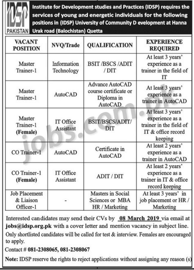IDSP Institute Quetta Jobs 2019 for Admin/Liaison Officer, Master and Co – Trainers