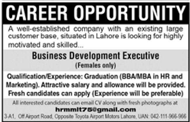 Lahore Company Jobs 2019 for Female Business Development Executives