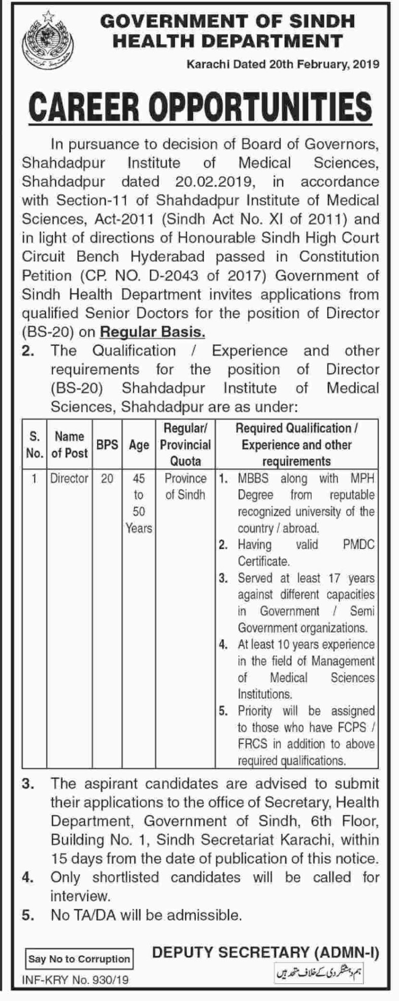 Sindh Health Department Jobs 2019 for the post of Director