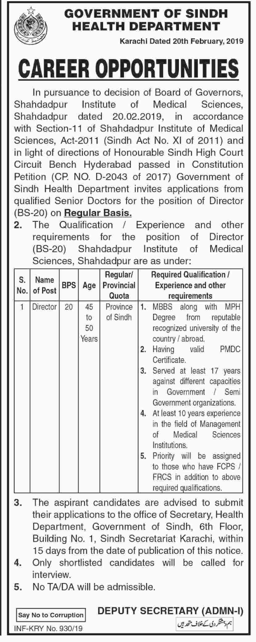 Sindh Health Department Jobs 2019 for the post of Director