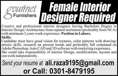 Gourmet Furnishers Jobs 2019 for Female Interior Designer