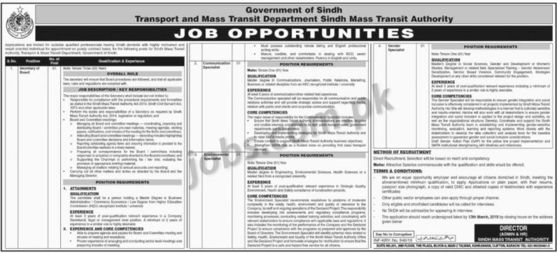 Transport & Mass Transit Department Sindh Jobs 2019 for Communication, Environmental, Gender Specialist & Secretary Posts