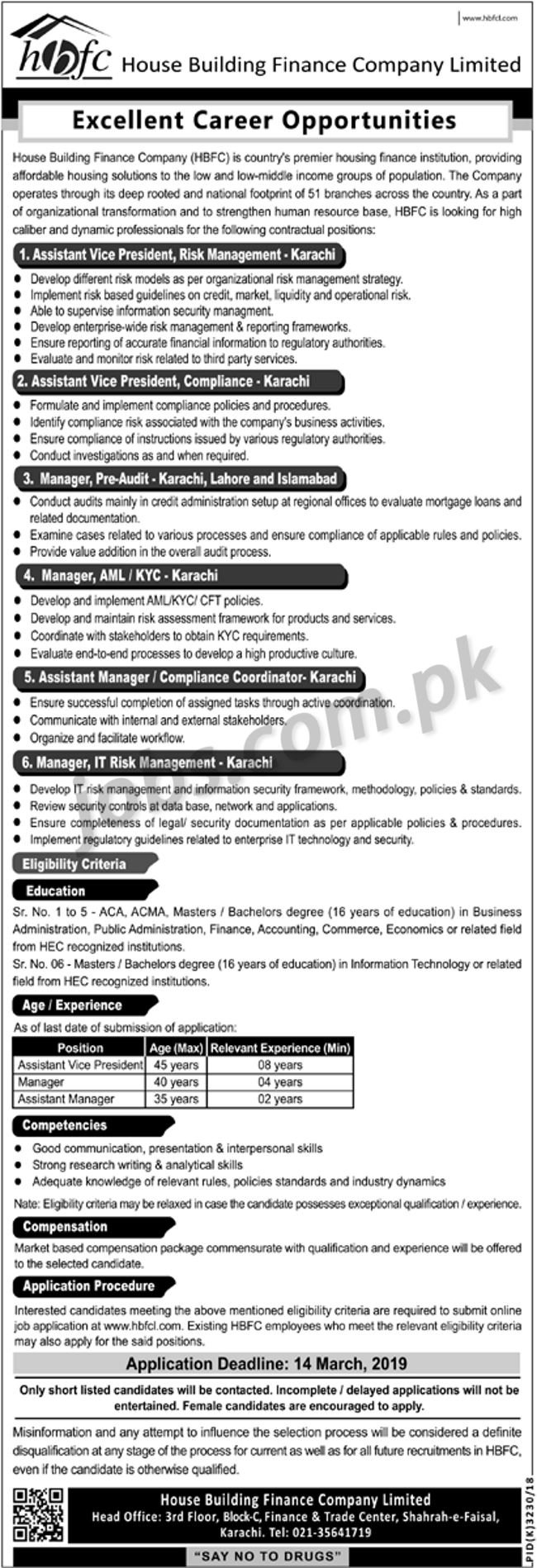 HBFC Pakistan Jobs 2019 for Assistant Managers, Managers & V.Presidents (Multiple Cities)