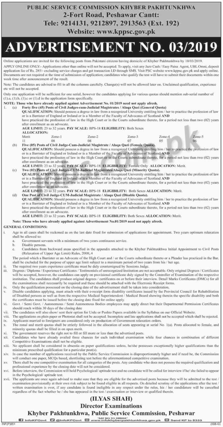 KPPSC Jobs (3/2019): 53+ Civil Judges / Judicial Magistrates / Qazi Posts in KP Govt
