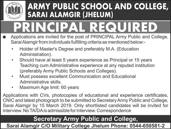 Army Public School / College Jhelum Jobs 2019 for Principal Post