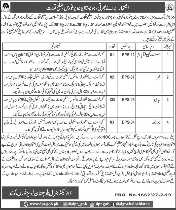 Balochistan Levies Force Jobs 2019 for 139+ Sipahi, Asst Computer Operator, Drivers & Other Posts (Kalat)
