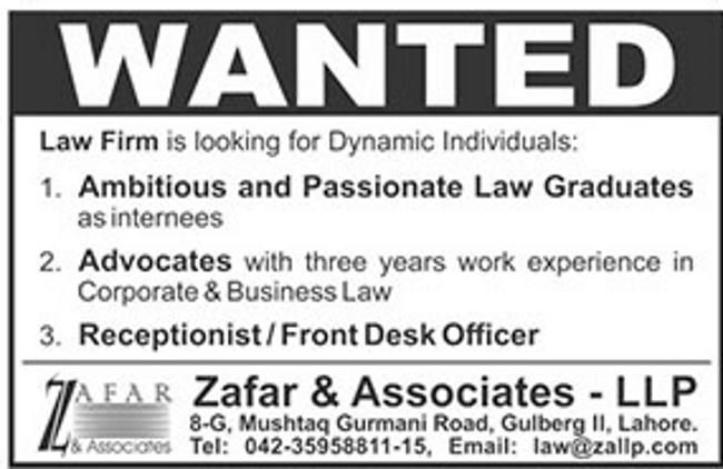 Zafar & Associates LLP Jobs 2019 for Office, Advocates and Law Graduates