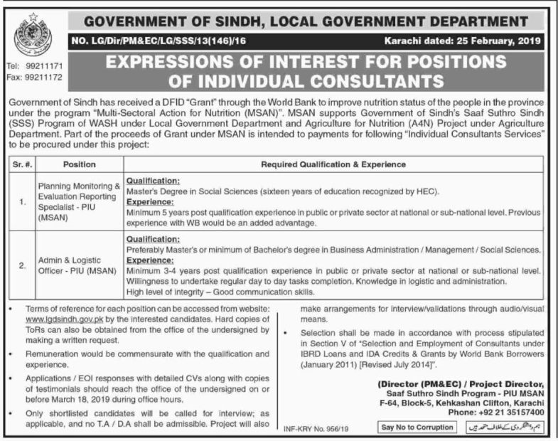Local Government Department Sindh Jobs 2019 for Admin/Logistics, Planning Monitoring/Evaluation Reporting Specialists/Consultants