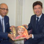 Ambassador of Pakistan to France Mr. Moin ul Haque is presenting a book titled Folk Heritage of Pakistan to VP INALCO