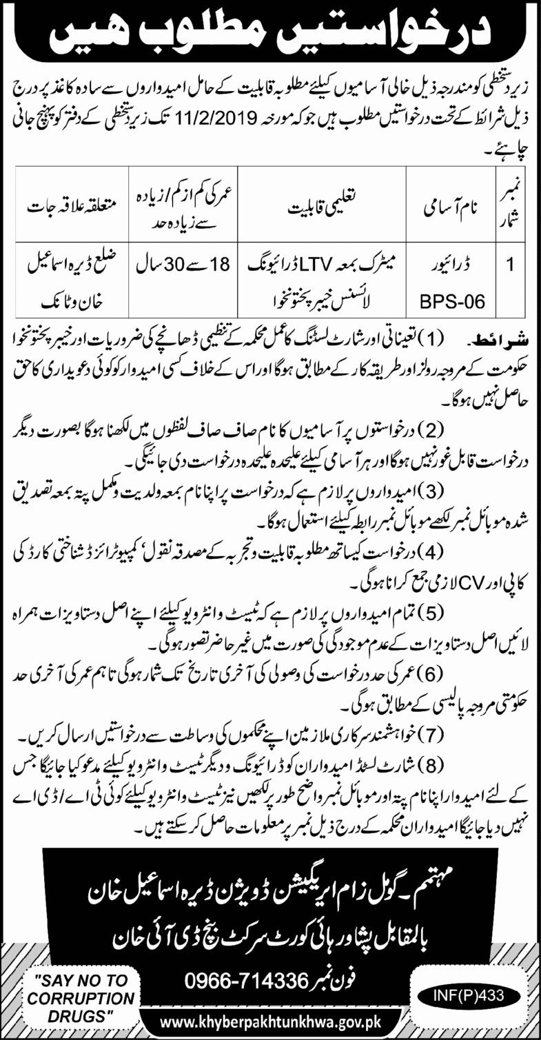 KP Irrigation Department Jobs 2019 for Driver Posts (DI Khan)