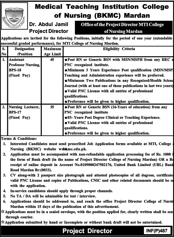 Medical Teaching Institution College of Nursing (BKMC) Mardan Jobs 2019 for Teaching Faculty