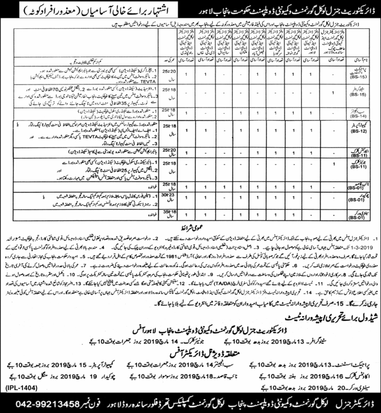 Punjab Local Government & Community Development Jobs 2019 for 46+ Stenographers, Sub-Engineers, Assistants, Accounts & Other Posts (Disable Quota)