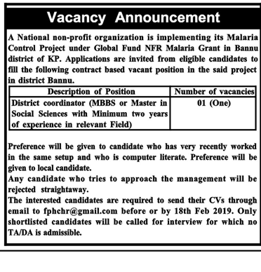 National NGO Jobs 2019 for District Coordinator in KP