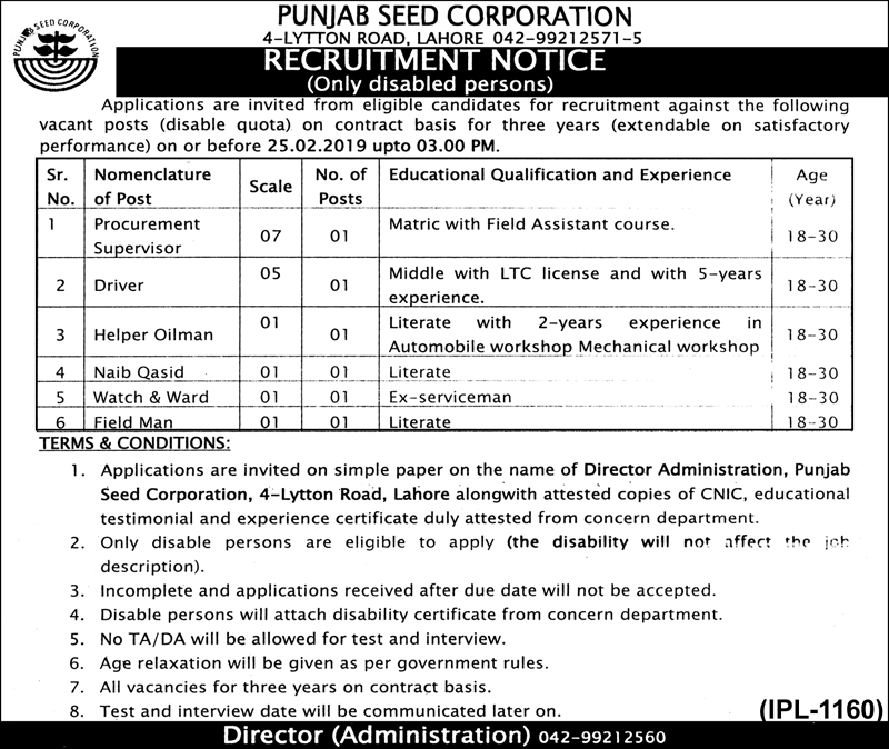 Punjab Seed Corporation Jobs 2019 for 6+ Procurement Supervisor, Driver & Other Support Staff (Disable Quota)