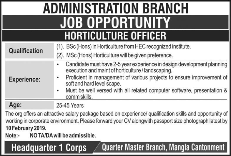 Pak Army Jobs 2019 for Horticulture Officer at Headquarter 1 Corps Mangla Cant