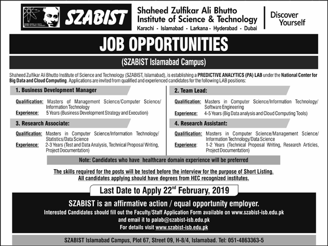 SZABIST Islamabad Jobs 2019 for Business Development Manager, IT / Team Lead and Research Staff