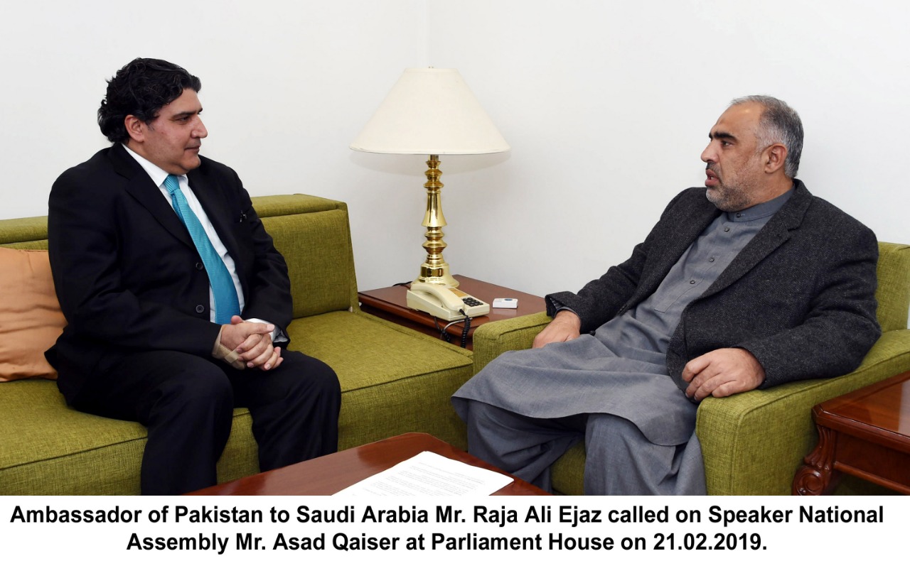 Pakistan Ambassador in Saudi Arabia Raja Ali Ejaz meets with Speaker of the National Assembly Asad Qaiser