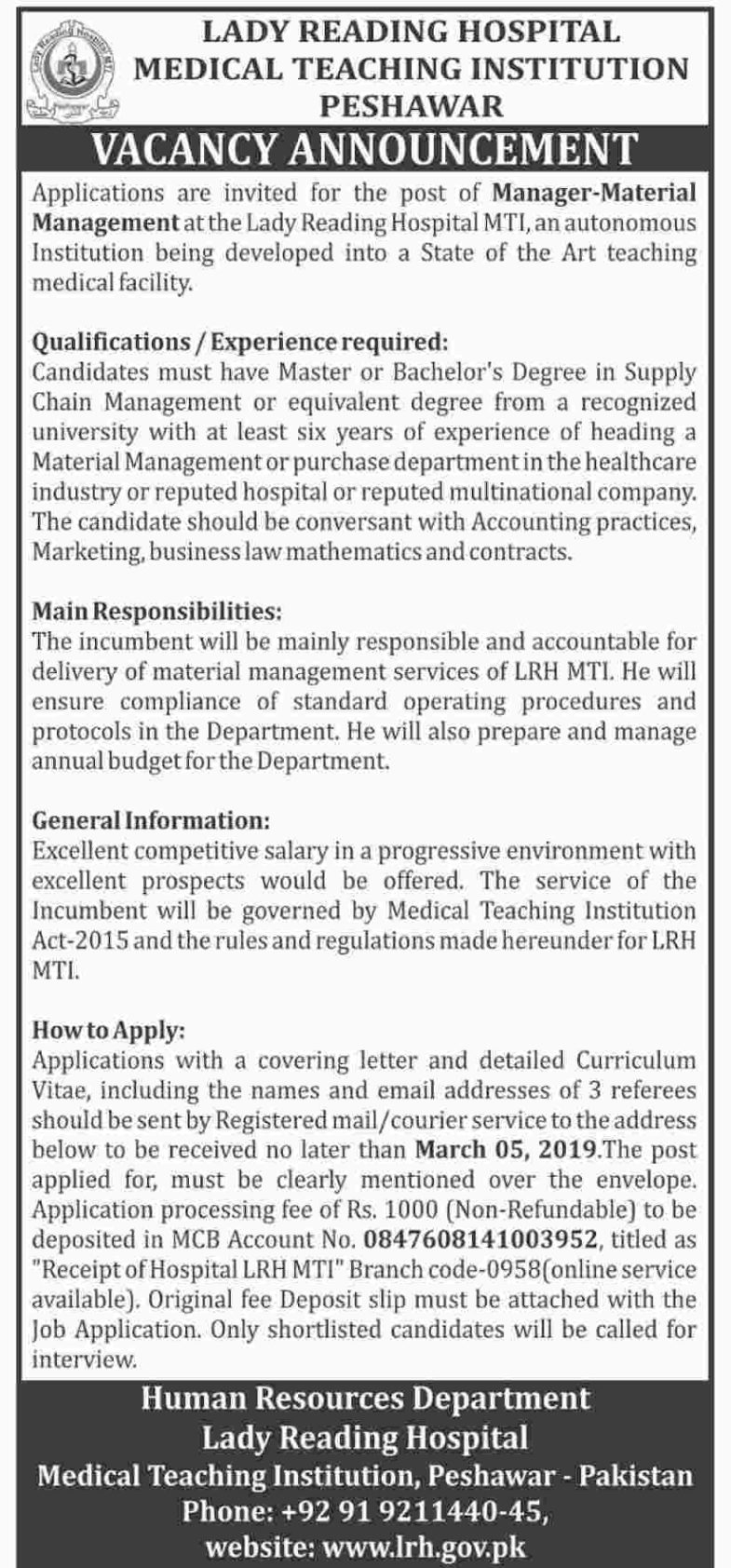 Lady Reading Hospital (LRH) Jobs 2019 for Manager / Material Management