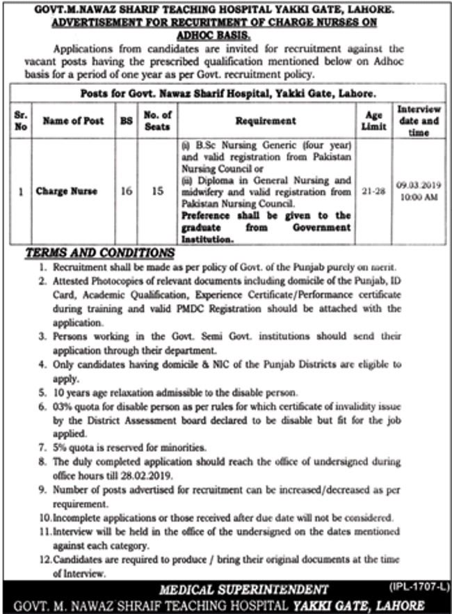 Govt M.Nawaz Sharif Teaching Hospital Lahore Jobs 2019 for 15+ Charge Nurses