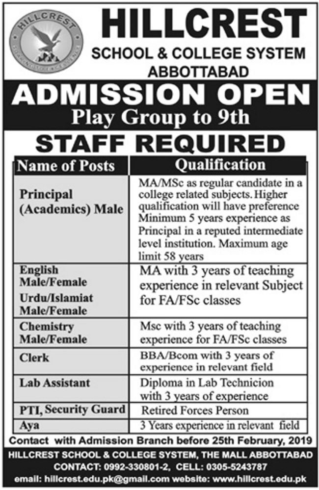 Hillcrest School & College System Abbottabad Jobs 2019 for Teachers & Non-Teaching Staff