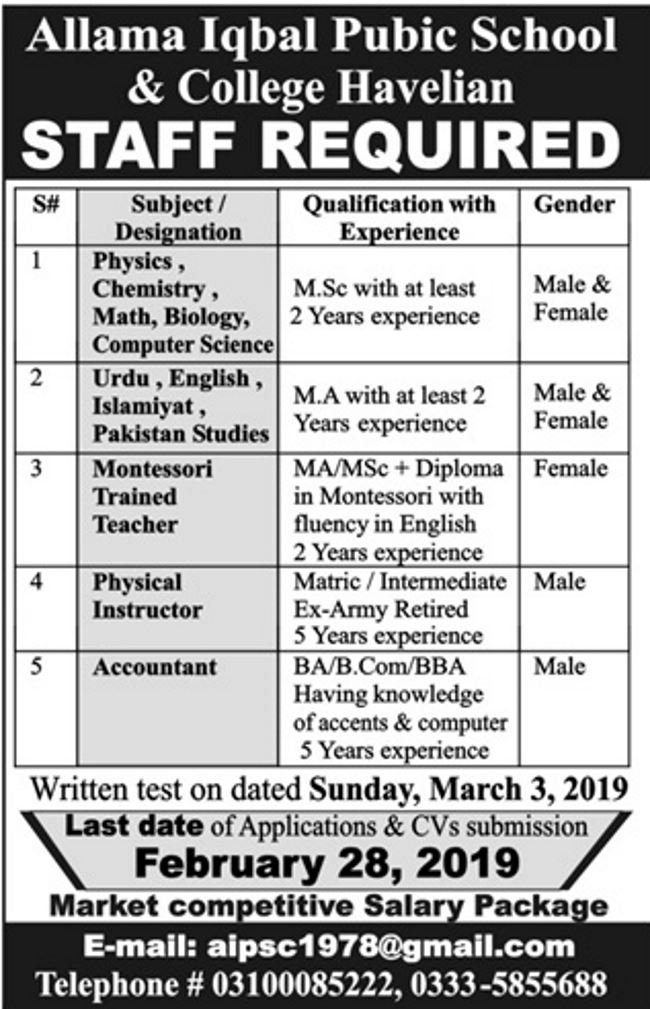 Allama Iqbal Public School / College Havelian Jobs 2019 for Accountant & Teaching Faculty