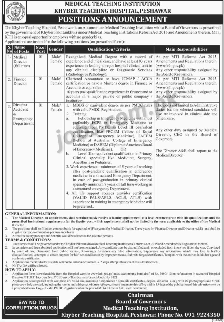 Khyber Teaching Hospital Jobs 2019 for Various Directors / Management Posts