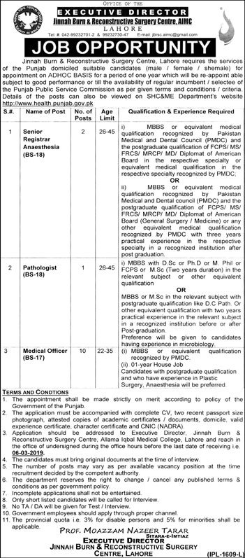 AIMC Lahore Jobs 2019 for 13+ Medical Officers, Pathologists and Registrar Posts