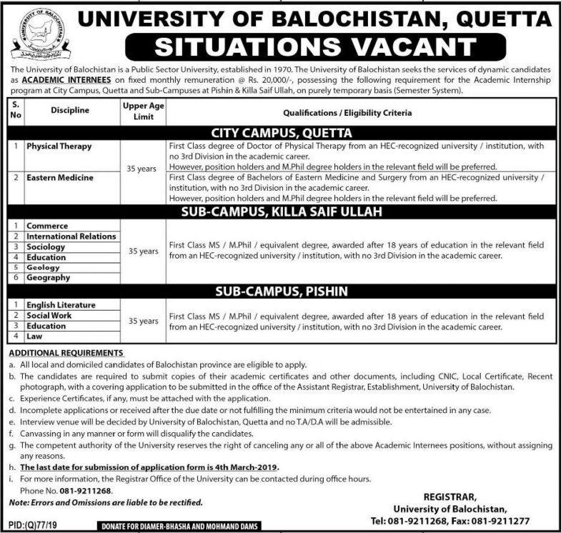 University of Balochistan Jobs 2019 for Academic Internees (Multiple Cities)